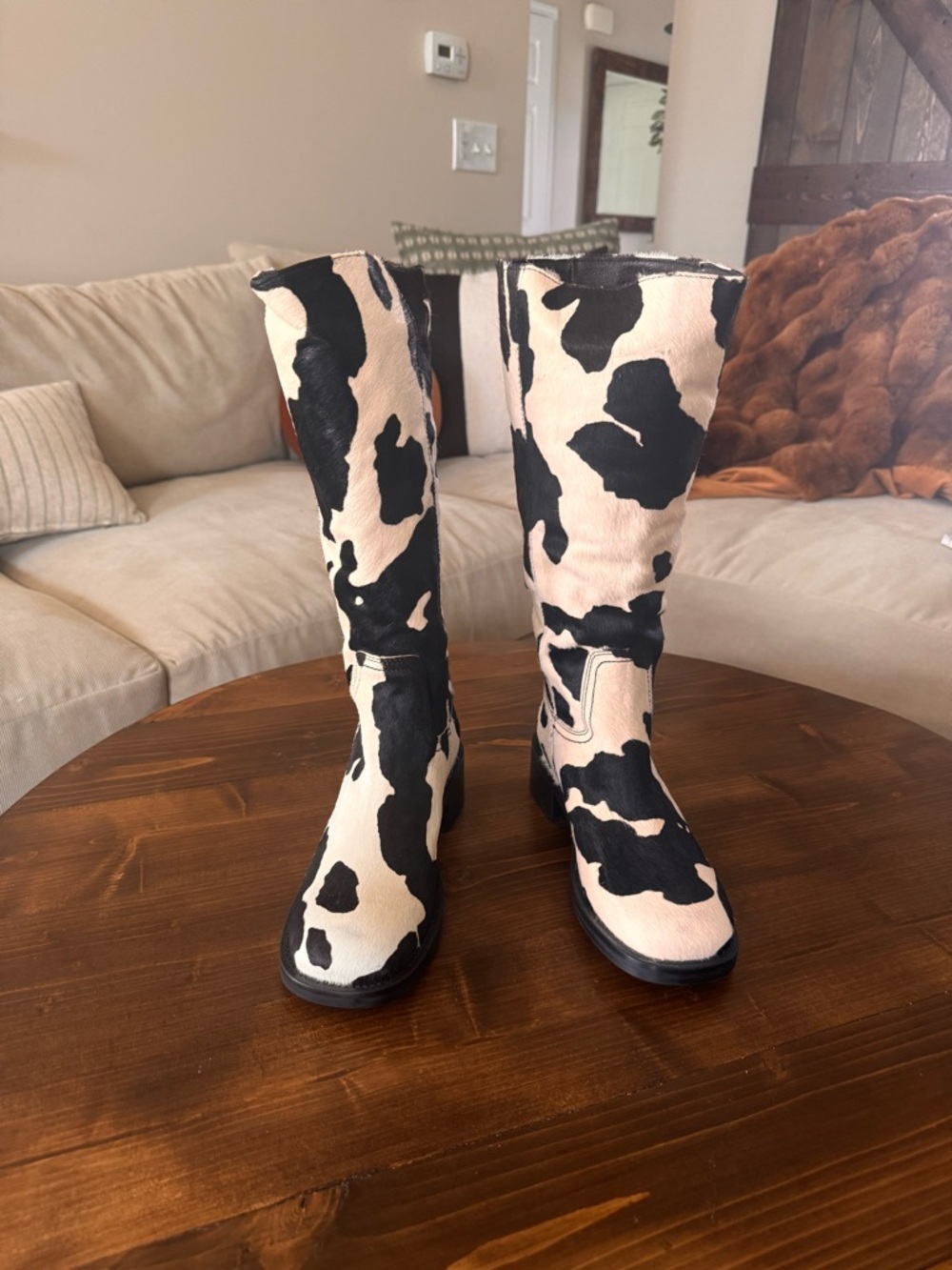 Steve Madden Black & Cream Cow Print Mid-Calf Boots